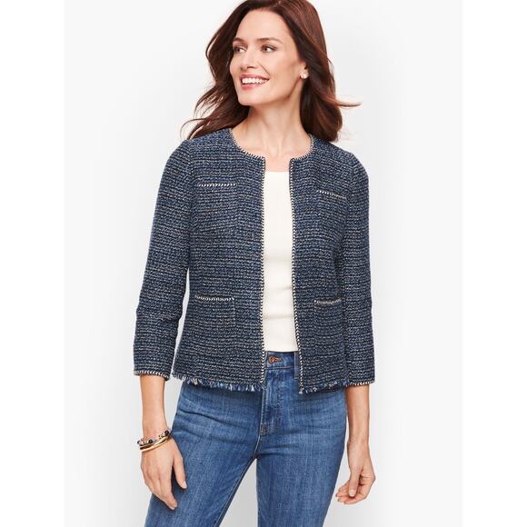Talbots Jacket Tweed Preppy Quiet Luxury Old Money Business Fringe Blue Size 12 - Picture 1 of 9